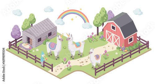 Charming isometric farm with llamas and rainbow in a pastel countryside scene