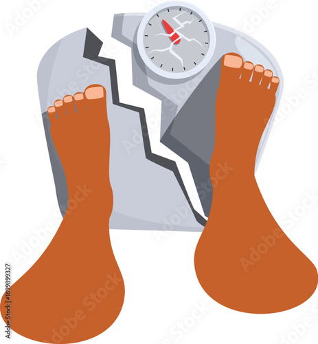 Feet standing on broken weighting scale, expressing frustration with dieting and weight loss goals