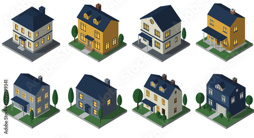 Isometric house collection: modern residential architecture designs with blue roofs