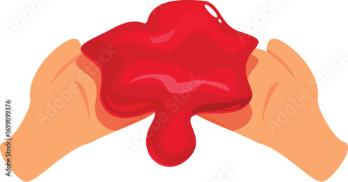 Hands are playing with a red gooey slime, stretching and manipulating the sticky substance