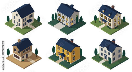 Charming isometric houses collection featuring classic architectural designs