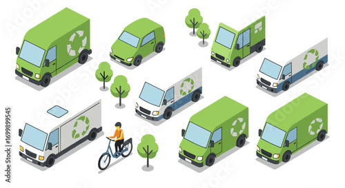 Eco-friendly transportation: isometric green vehicles and bicycles with recycling symbols