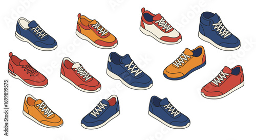 Colorful collection of sneakers in modern flat design on white background