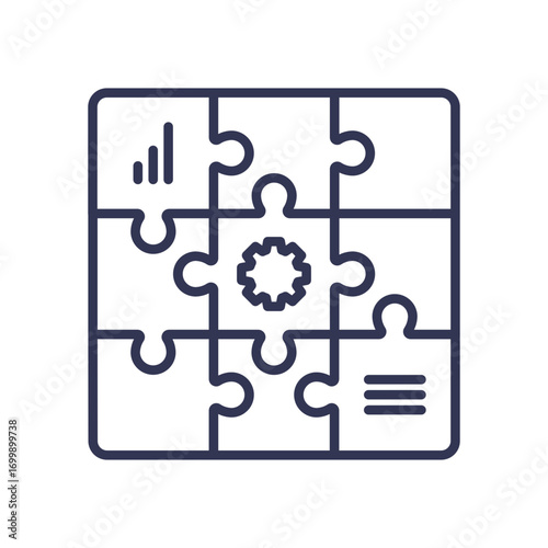Line art icon of puzzle pieces with business symbols like a chart and gear. Represents strategic integration, business alignment, and connecting different operational parts for a cohesive solution.
