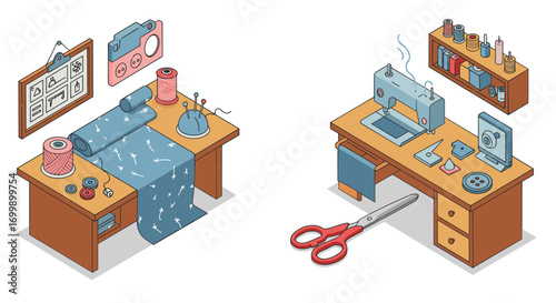 Crafting studio with sewing machine and tools in isometric style