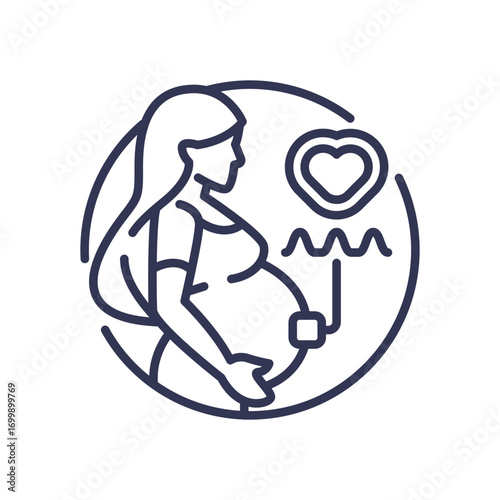 Line art icon of a pregnant woman with a fetal heart rate monitor. Symbolizes prenatal care, connected health, and remote pregnancy monitoring for mother and baby's well-being.