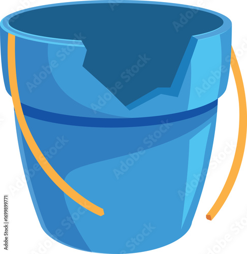 Broken blue bucket with yellow handle, representing cleaning failure, damage, and repair needs