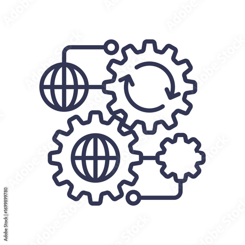 Icon of interconnected gears with globes, representing global processes, system integration, and automation. Symbolizes operational workflows and interconnected systems working in synergy.