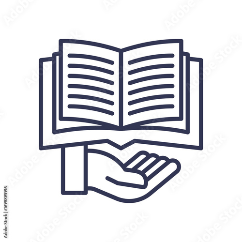 An icon of a hand supporting an open book, symbolizing educational support services. Represents guidance, tutoring, and access to knowledge for academic success.