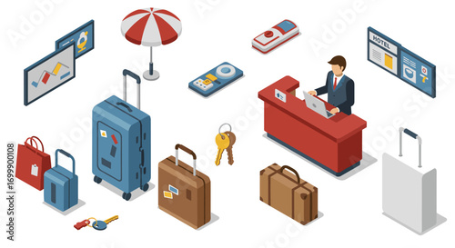 Isometric hotel front desk scene with luggage and amenities