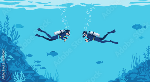 Exploration adventure with scuba divers underwater in vibrant blue ocean scene