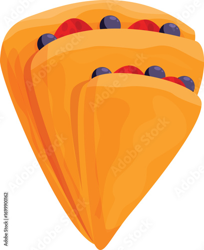 Three folded crepes are arranged in a triangle, topped with blueberries and sliced strawberries, creating a visually appealing and delicious treat