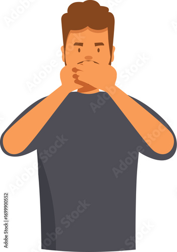 Cartoon illustration of a man covering his mouth, symbolizing silence, censorship, or keeping a secret