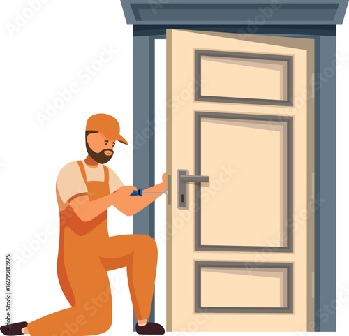 Carpenter installing door handle using screwdriver, home repair service concept