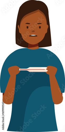 Young dark skinned woman holding a thermometer indicating a high temperature, worried expression on her face