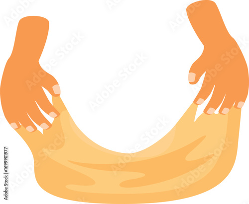 Two hands are manipulating and stretching a piece of golden slime, highlighting its viscous and malleable nature