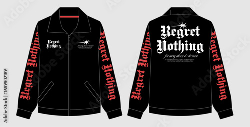 Regret Nothing Jacket Design — Gothic Typography Vector Illustration with Inspirational Quote “Regret Nothing” for Fashion, Streetwear, and Bold Statement Apparel, brand, logo, celebrity, photograph