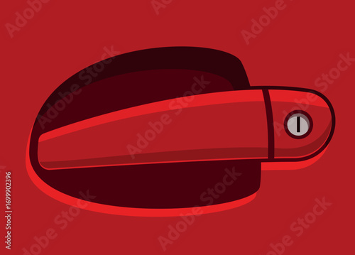 Red car door handle slightly open, showing the keyhole, on a red background
