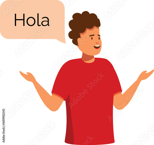 Smiling man speaking spanish, saying hello with speech bubble, greeting and welcoming people