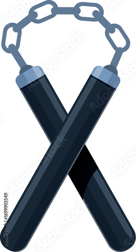 Two black nunchaku crossed, connected by metal chain, representing martial arts and self defense