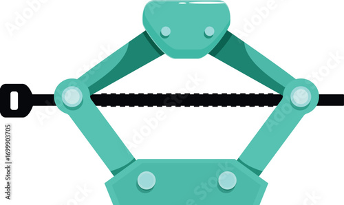 Green metal scissor jack lifting equipment for changing car tires, isolated on white background