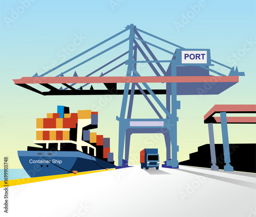 Colorful vector illustration of a container port with cargo ship, crane, and truck for logistics and transportation concept