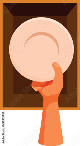 Cartoon hand taking plate from cupboard shelf storing dishes after washing