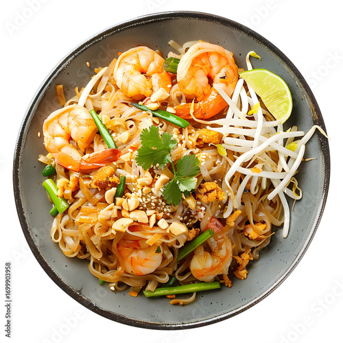 Overhead View of Tasty Shrimp Pad Thai Ready to Eat in Bowl