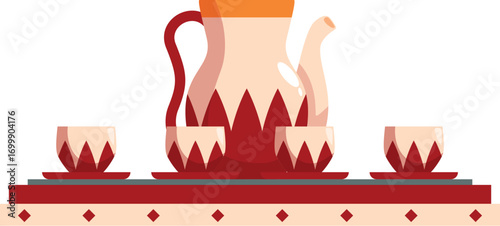 Ceramic teapot and teacups sit on a decorative table, ready for a relaxing tea time
