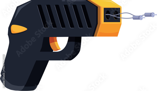 Black and yellow electroshock weapon discharging electricity, ideal for self defense and personal safety
