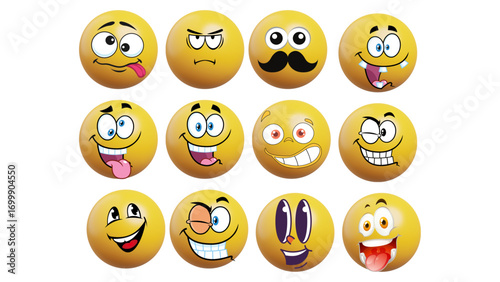 Set of emoji emoticons with funny faces and cartoon expressions