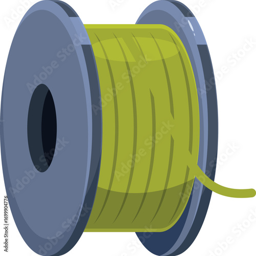 Green cable wire wrapped around a metal bobbin coil roll, symbolizing electrical engineering and connectivity