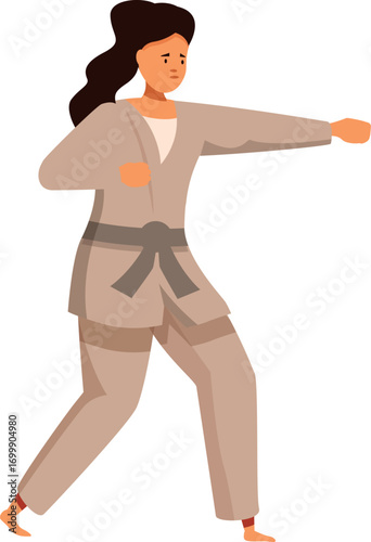 Young woman practicing martial arts is performing a karate punch