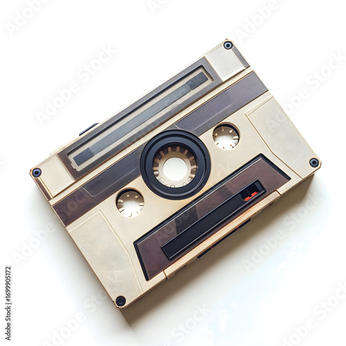Vintage Audio Cassette Tape, Top View, Isolated on White