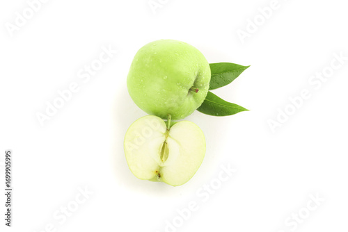 Wallpaper Mural Fresh Green Shaanxi Apples with Leaves - Whole and Half Slice on White Background Torontodigital.ca