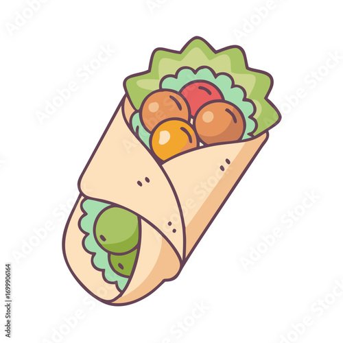 Colorful cartoon style falafel wrap with fresh ingredients and tasty falafels