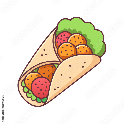 Stylized falafel wrap illustration with lettuce and vibrant color scheme