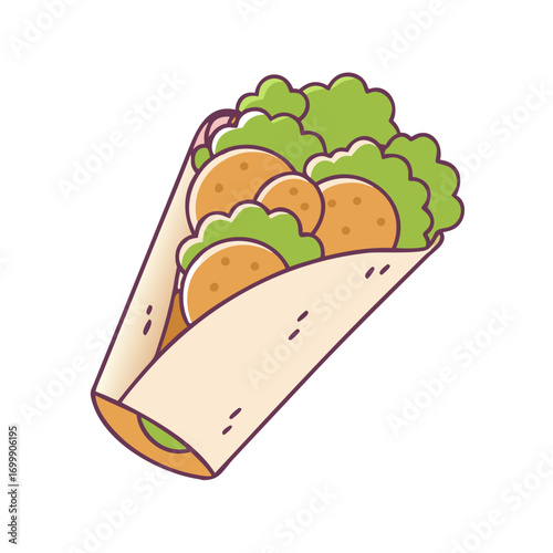 Cartoon falafel wrap with lettuce and other ingredients on white background