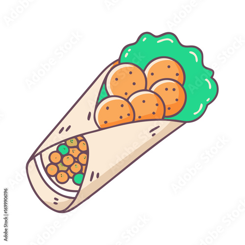 Delicious Falafel Wrap with Fresh Lettuce, Hummus, and Tahini Sauce Illustration