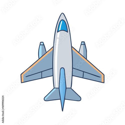 Cartoon top down view of a gray and blue passenger airplane