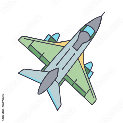 Stylized illustration of a fighter jet viewed from above with detailed design