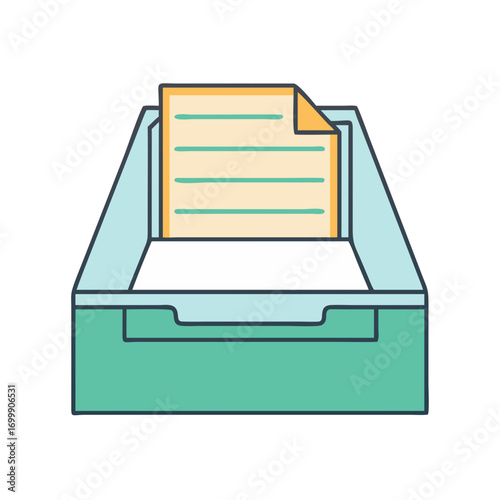A stylized illustration of a filing cabinet drawer with document inside