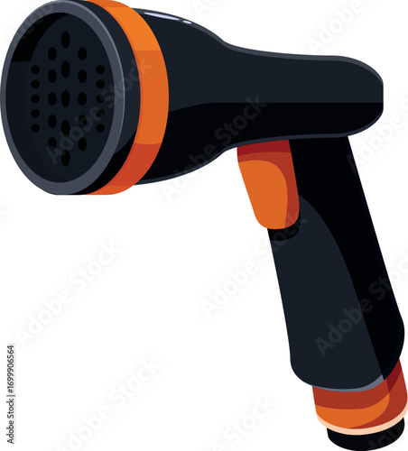 Black and orange plastic garden hose nozzle spraying water for plant irrigation