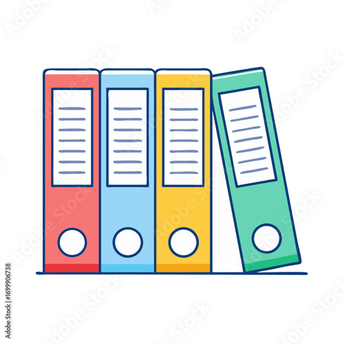 Four colorful office binders standing together, slightly leaning, isolated illustration