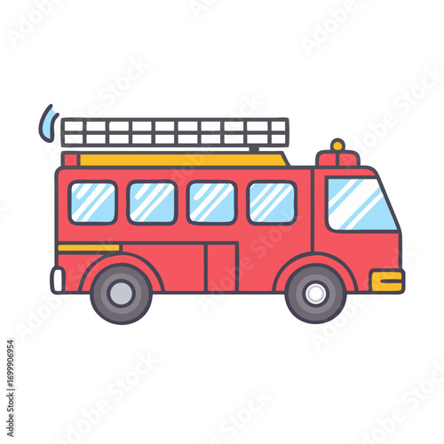 A cartoon illustration of a red fire truck with a ladder