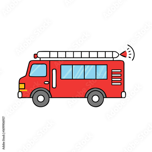 Cartoon style red fire truck with ladder and signal light illustration