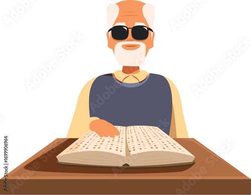 Visually impaired elderly man with dark glasses reading a braille book, enjoying literature and knowledge in his retirement