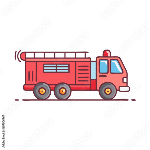 Cartoon Style Fire Truck with Ladder for Children's Illustration or Clipart