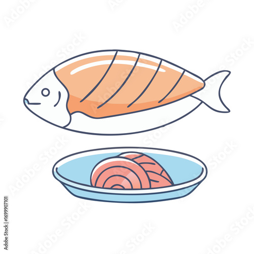Illustration of a whole cooked fish above a plate with salmon slices