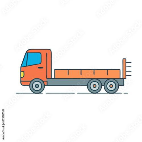 A simple cartoon illustration of a flatbed truck in orange and blue